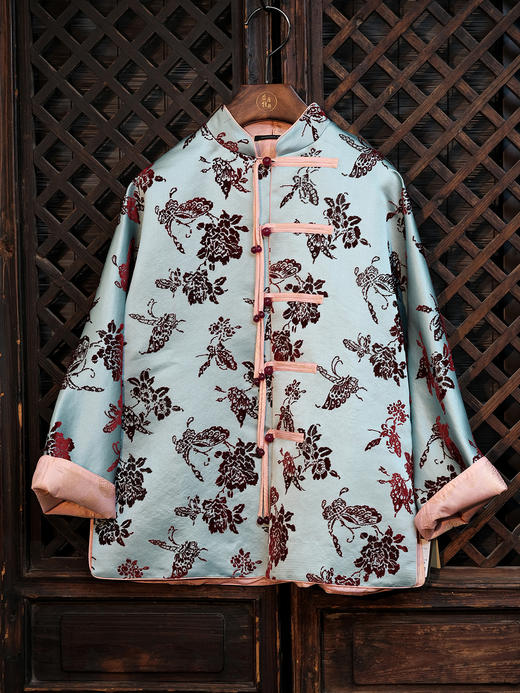 盛唐牡丹|湖水蓝底色漳缎蝶恋花外套 商品图0