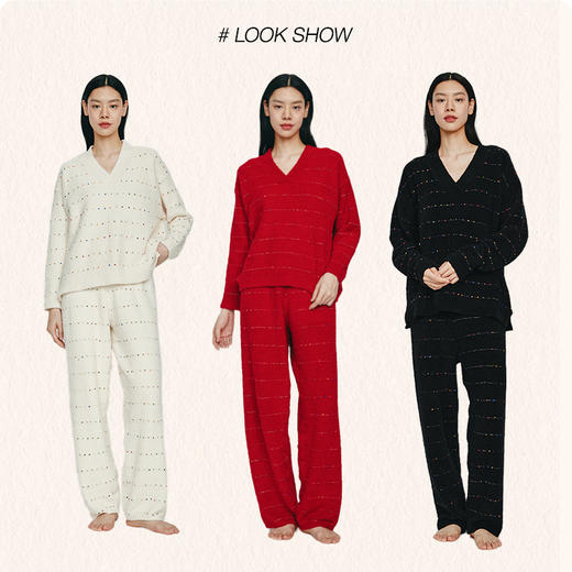 从轻秋冬家居服豆豆绒系列叠襟V领套头七彩纱混纺保暖两件套睡衣 商品图4