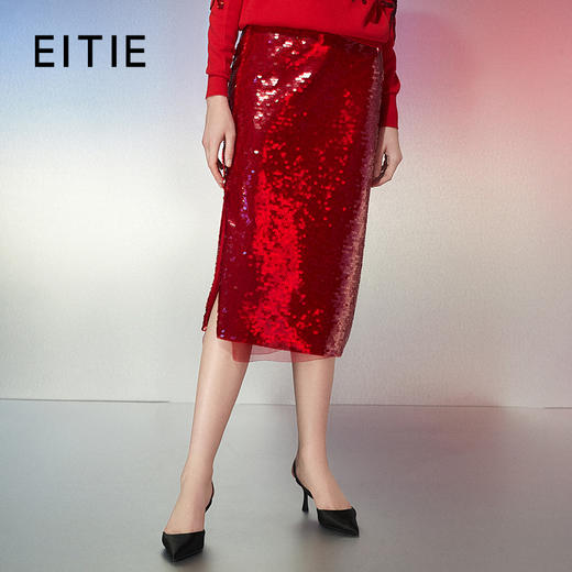 EITIE爱特爱春季新款刺绣亮片显瘦高腰半身裙7706405 商品图0