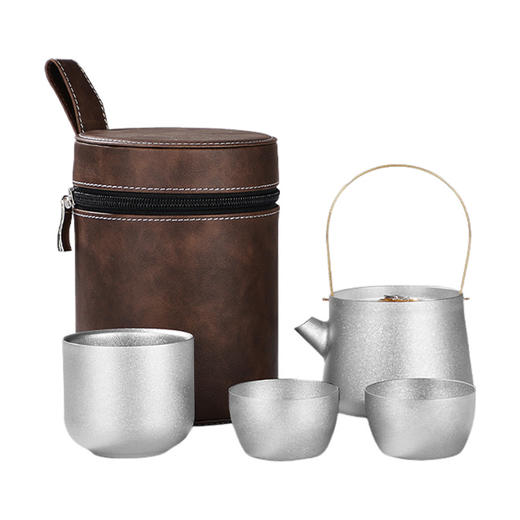 纯钛茶壶家用旅行套装泡茶器多人功夫茶具泡茶壶高档礼品防摔茶器银蚁户外 金花铜手柄迷你茶具套装 钛晶款 商品图0