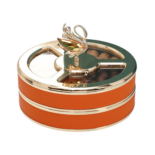 干果收纳盒客厅茶几坚果糖果盒轻奢干果盒带盖家用零食瓜子干果盘珐琅彩天鹅双层果盘 （合金+皮革款） 商品图0