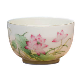 景德镇手工手绘粉彩茶杯品茗杯陶瓷功夫茶具单杯玉瓷描金主人杯 素手繁花 手彩荷花杯