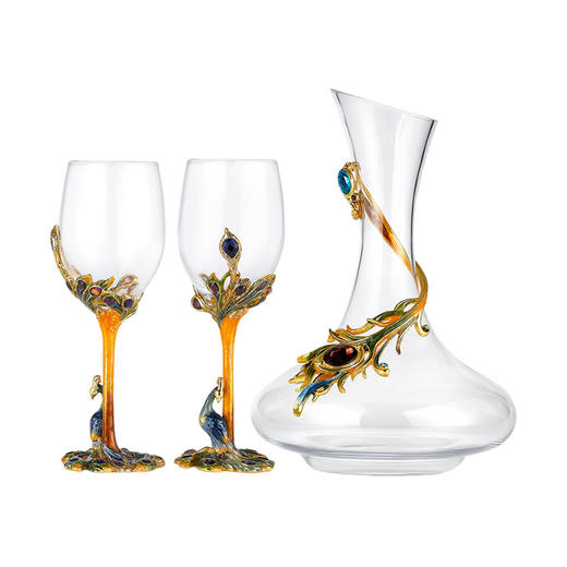 罗比罗丹创意孔雀红酒杯珐琅彩居家酒具套装高脚杯欧式葡萄酒杯吉祥孔雀珐琅红酒三件套 商品图0