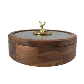 新款密封实木干果盒客厅家用茶几坚果瓜子果盘轻奢高档收纳盒铜鹿头透明盖 胡桃木旋转果盒 糖果盒 首饰盒 单双层收纳