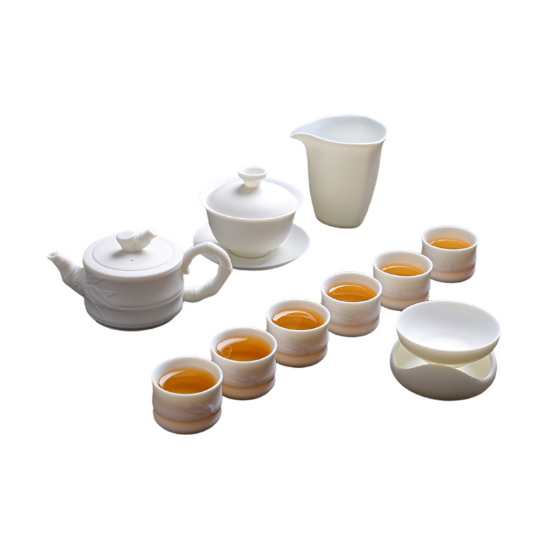 B-TP-8007/8005 竹韵 貔貅羊脂玉瓷 14头套装茶具 商务送礼皮质礼盒高端茶具