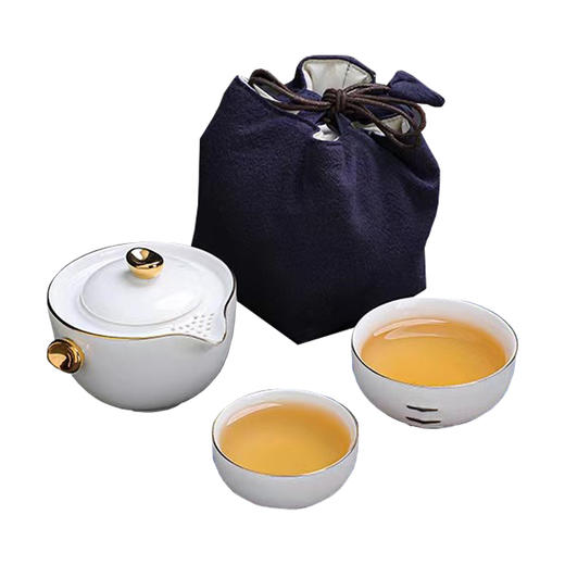 羊脂玉白瓷旅行茶具套装快客杯一壶二杯便携式户外茶具随身高端吉祥三宝 描金快客杯 商品图0