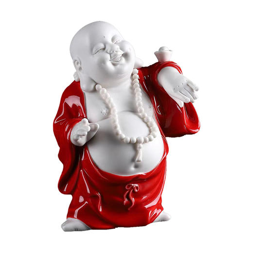 弥勒 鸡翅木底座 瓷器摆件新中式 禅意陶瓷中式茶桌摆件大肚弥勒佛茶摆件寓意悠然自得招财进宝 商品图0