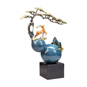 E-QK-BJ1022福禄双全 纯铜摆件葫芦松鹿 纯铜热着色