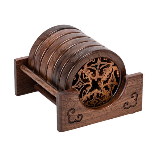 核美系列 圆杯托6托1架套装 核桃木+黑胡桃木 高端核桃杯垫 茶杯托隔热餐垫 商品图0