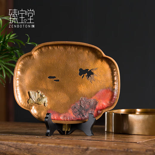 【样品特惠9折】臻宝堂铜茶台纯手工镶嵌干泡台壶托垫家用蓄水式养壶中式小壶承功夫茶具 金玉满堂茶台 商品图3