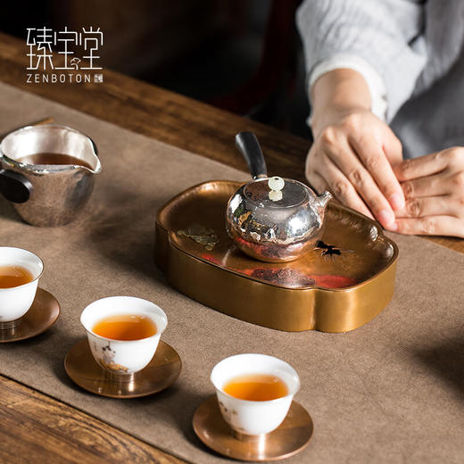 【样品特惠9折】臻宝堂铜茶台纯手工镶嵌干泡台壶托垫家用蓄水式养壶中式小壶承功夫茶具 金玉满堂茶台 商品图1