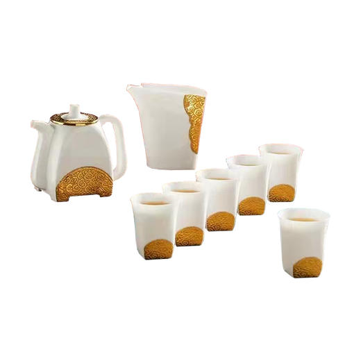 林玉山《行方需云》羊脂玉瓷鎏金茶壶茶杯套装 商品图0