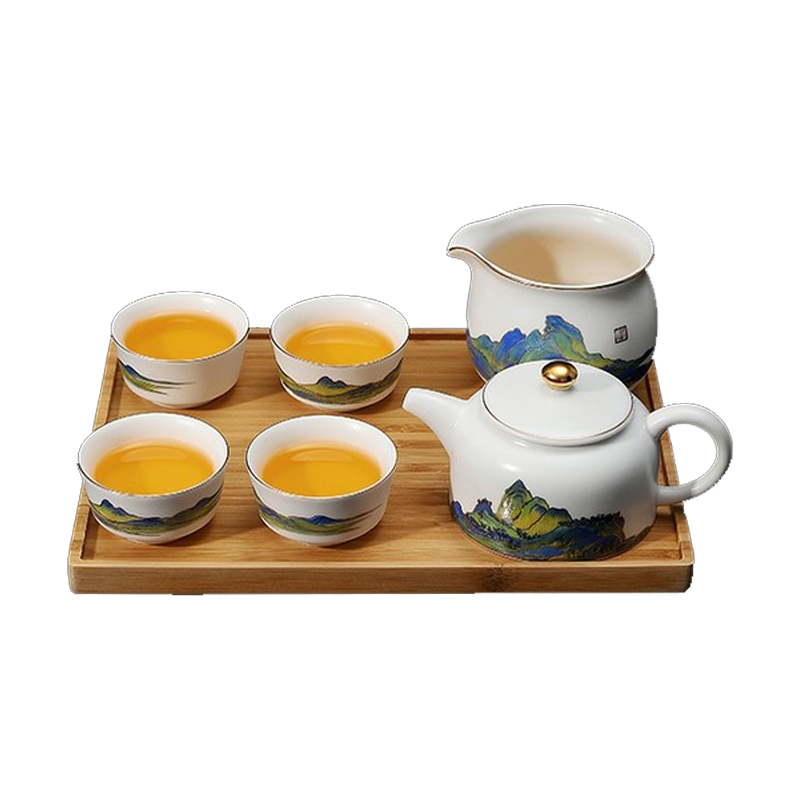 千里江山 6头+木托盘 茶具套装 手绘羊脂玉新款整套功夫茶具家用德化白瓷客厅泡茶办公室会客盖碗茶杯 茶道 茶具