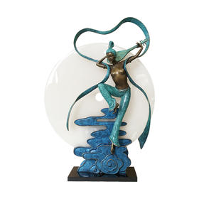 飞天瑶台 飞天+玉盘 出口级铜艺新中式纯铜玉石平安扣摆件客厅书房办公室装饰品 铜艺 创意 摆件