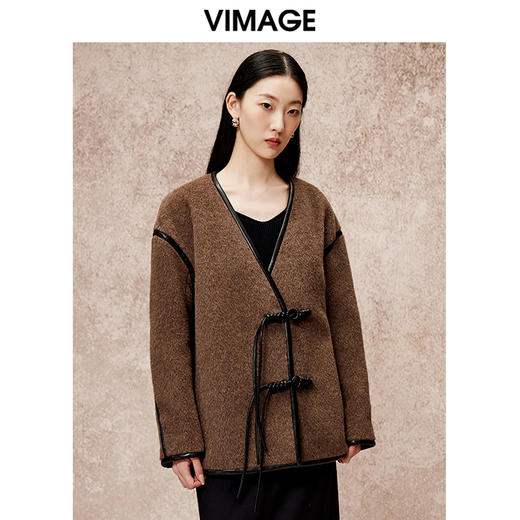 VIMAGE纬漫纪气质V领慵懒宽松深卡其色毛呢子外套冬新款V2203834 商品图5