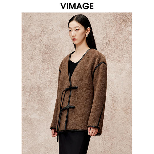 VIMAGE纬漫纪气质V领慵懒宽松深卡其色毛呢子外套冬新款V2203834 商品图2