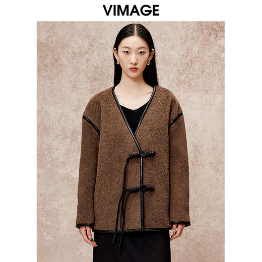VIMAGE纬漫纪气质V领慵懒宽松深卡其色毛呢子外套冬新款V2203834 商品图3