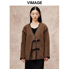 VIMAGE纬漫纪气质V领慵懒宽松深卡其色毛呢子外套冬新款V2203834