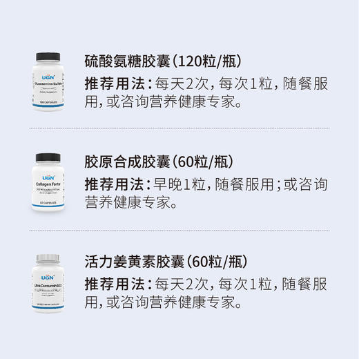 UGN关节营养组方×1个月（硫酸氨糖胶囊*1瓶，胶原合成胶囊*1瓶，活力姜黄素胶囊*1瓶） 商品图1