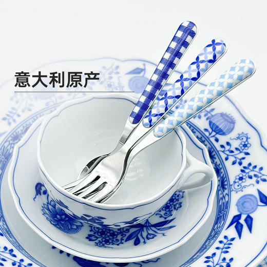 意大利NEVA原装进口蓝色系列十字花纹棋盘格316不锈钢甜品勺子牛排刀叉西餐餐具 商品图0