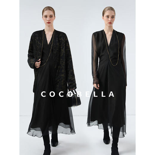 COCOBELLA赫本风假两件双层黑金连衣裙女内搭V领衬衫裙FR7085 商品图1