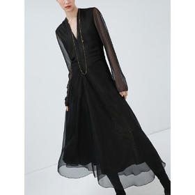 COCOBELLA赫本风假两件双层黑金连衣裙女内搭V领衬衫裙FR7085