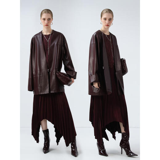 【专属秒杀】COCOBELLA安可拉红廓形PU皮衣外套冬简约无领抗风夹克PU3100 商品图1