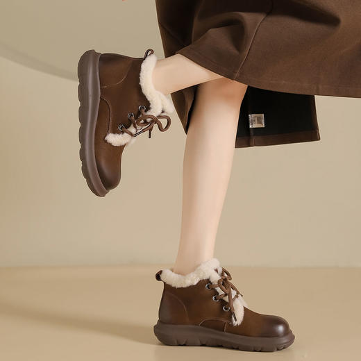 西村名物2024年冬季新款加毛保暖超轻厚底防滑系带马丁靴T24DS48361 商品图4