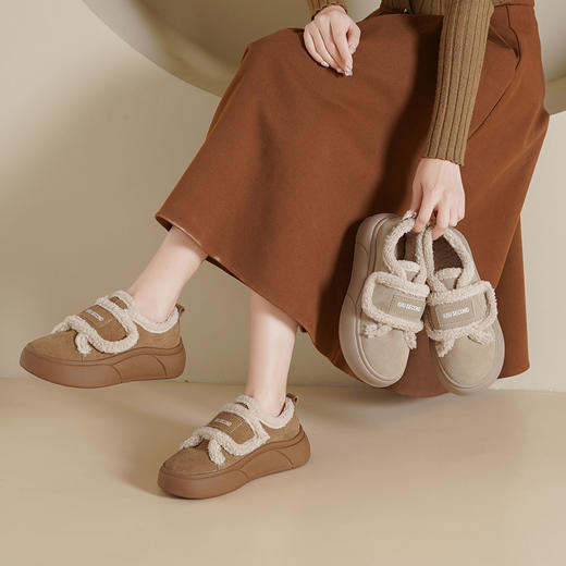 西村名物2025年春季新款绒毛保暖超轻厚底防滑魔术贴板鞋T24DM48401 商品图1