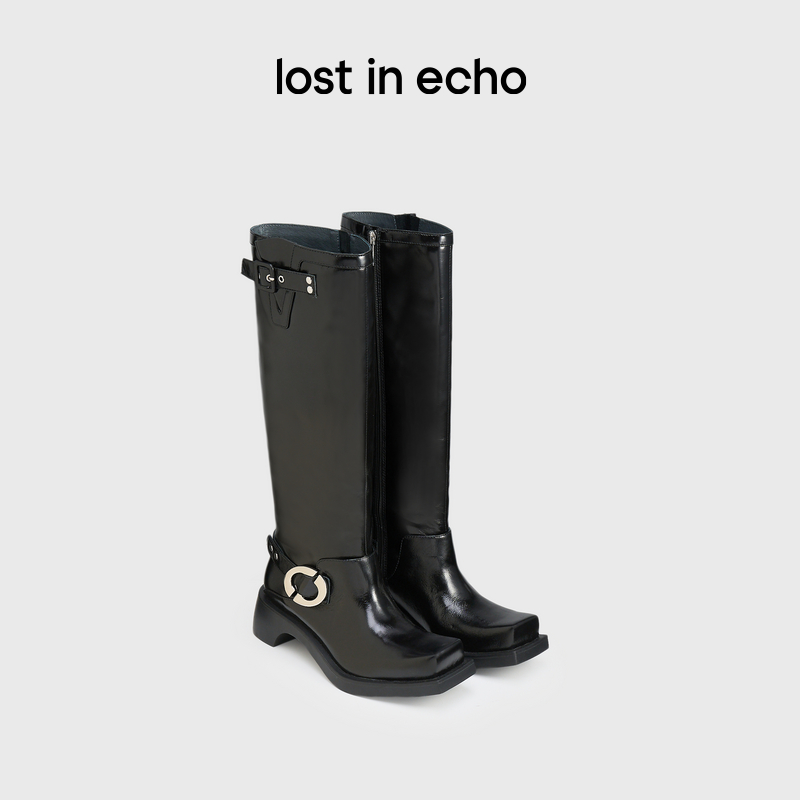 [福利价]lost in echo2024秋冬新款时尚牛皮方头扣饰直筒机车靴子长筒靴女