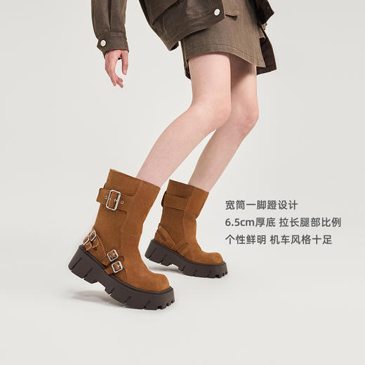 [福利价]lost in echo2024秋冬新款棕色方头宽筒厚底机车靴短靴中筒靴子女 商品图2