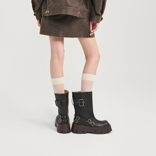 [福利价]lost in echo2024秋冬新款棕色方头宽筒厚底机车靴短靴中筒靴子女 商品图4