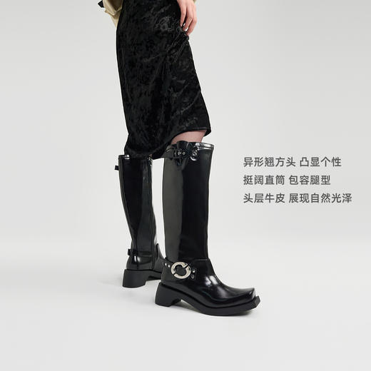 [福利价]lost in echo2024秋冬新款时尚牛皮方头扣饰直筒机车靴子长筒靴女 商品图2