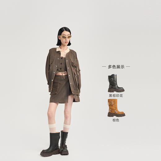 [福利价]lost in echo2024秋冬新款棕色方头宽筒厚底机车靴短靴中筒靴子女 商品图1
