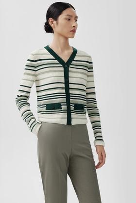 朗姿 条纹羊毛针织衫V领修身小开衫LCEK04KCD248M51