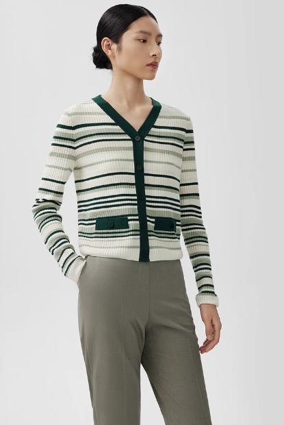 朗姿 条纹羊毛针织衫V领修身小开衫LCEK04KCD248M51 商品图0