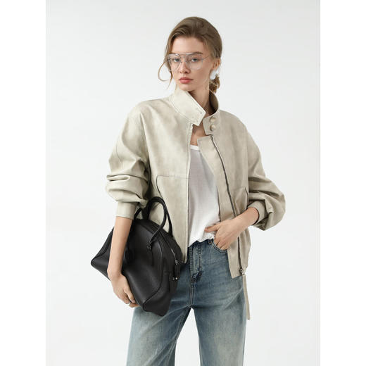 【限时秒杀】COCOBELLA手工擦色风格立领短款皮衣廓形夹克休闲外套PU3097 商品图2