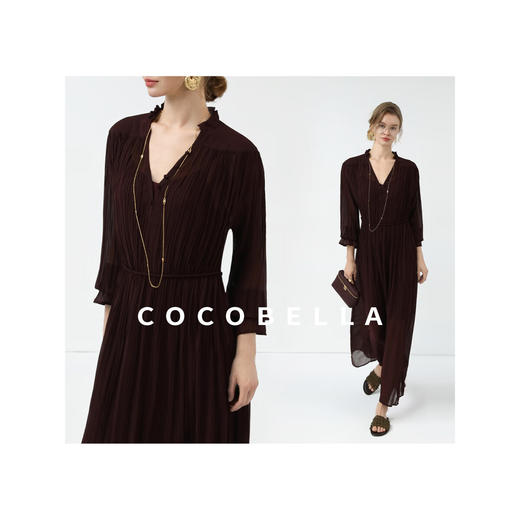 COCOBELLA气质酒红木耳领压褶连衣裙25春夏V领衬衫长裙FR7015 商品图2