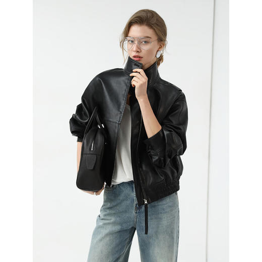 【限时秒杀】COCOBELLA手工擦色风格立领短款皮衣廓形夹克休闲外套PU3097 商品图1