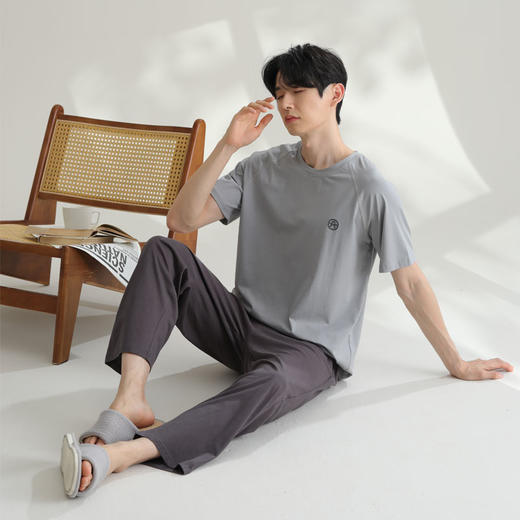 芬腾男士夏季睡衣套装夏天薄款纯棉短袖长款可外穿休闲简约家居服 商品图0