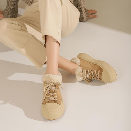 西村名物2025年春季新款绒毛保暖超轻厚底防滑系带板鞋T25AM15091 商品图6