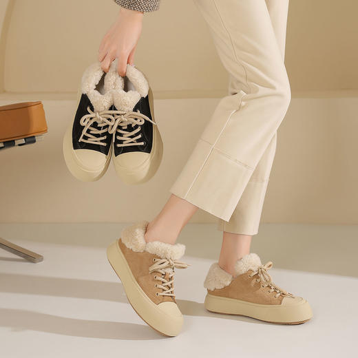 西村名物2025年春季新款绒毛保暖超轻厚底防滑系带板鞋T25AM15091 商品图1