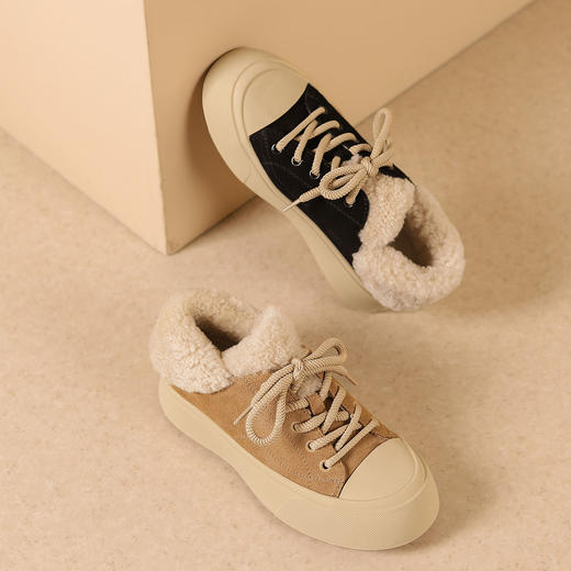 西村名物2025年春季新款绒毛保暖超轻厚底防滑系带板鞋T25AM15091 商品图0