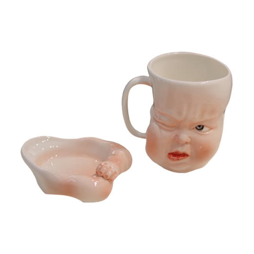 B-BL-03 柏路 纯手捏制娃娃脸杯 “挤”(捶右脸)款+杯垫（亮光款） 商品图0