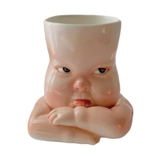 B-BL-01 柏路 纯手捏制娃娃脸杯“撇嘴”(撅嘴生气)款+杯垫（亮光款） 商品图0