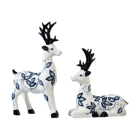 精致对鹿 青花陶瓷手彩青花居家办公玄关新中式摆件