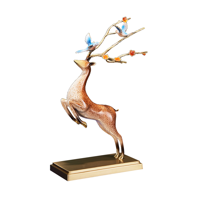 高档铜工艺礼品摆饰一鹿发财生财有鹿全铜鹿摆件客厅酒柜展示柜装彩铜工艺  一鹿报喜摆件195*90*320