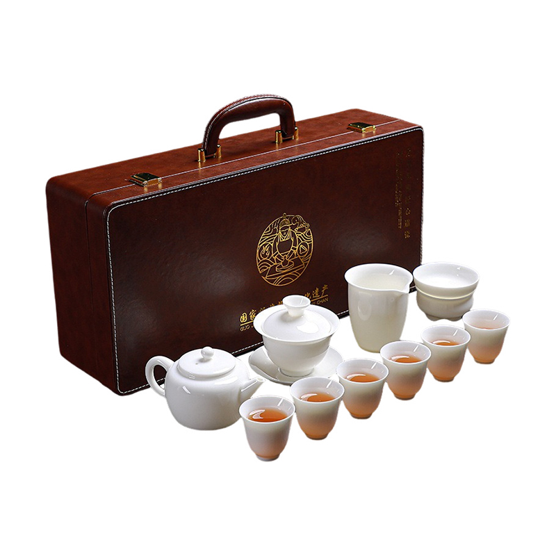 亮光11头茶具茶杯（咖色皮箱）功夫茶具羊脂玉瓷高档礼盒套装 茶具 茶道