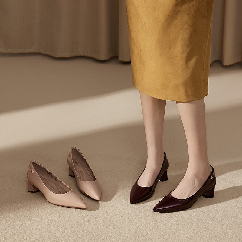 【静音系列】千百度裸色粗高跟鞋女套包工艺舒适通勤羊皮浅口单鞋A25185605