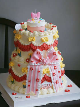 「蝴蝶结·萝莉塔」复古裱花·100%动物奶油（附图5寸加高+7寸加高双层·提前5天预订）